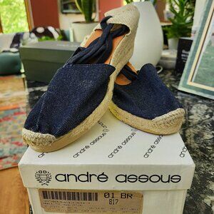 NIB - ANDRE ASSOUS Campesina Navy Blue Jeans Wedge Espadrille Ankle Tie Shoe